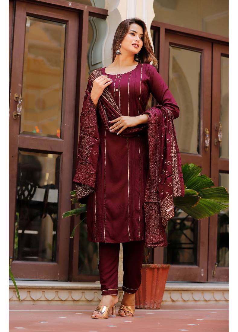 Shri Krishna Fabric Women's Rayon Wine Kurti With Pant & Dupatta Set