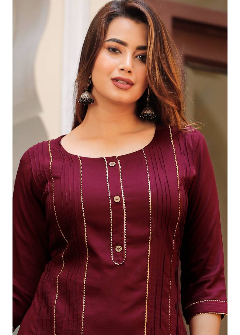 Shri Krishna Fabric Women's Rayon Wine Kurti With Pant & Dupatta Set