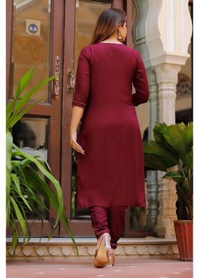 Shri Krishna Fabric Women's Rayon Wine Kurti With Pant & Dupatta Set 5