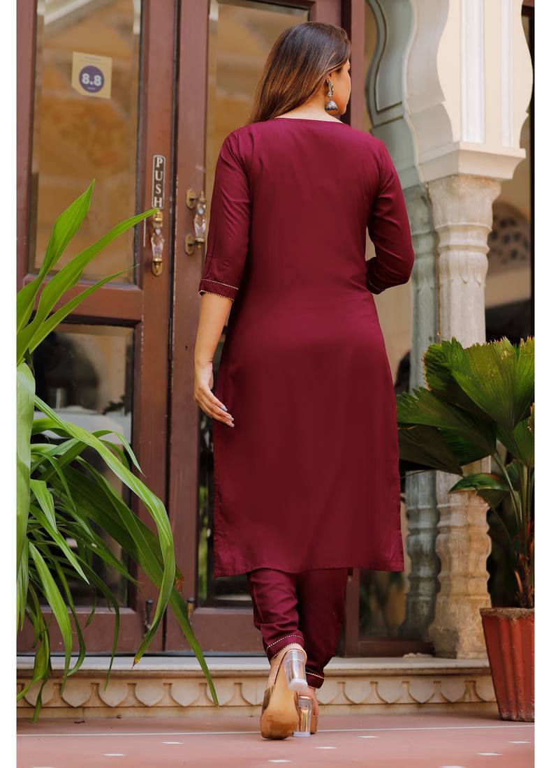 Shri Krishna Fabric Women's Rayon Wine Kurti With Pant & Dupatta Set