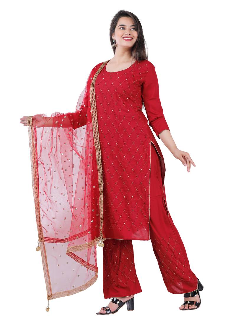 Shri Krishna Fabric Women's Rayon Embellished A-Line Kurti With Palazzo 7 Dupatta Set