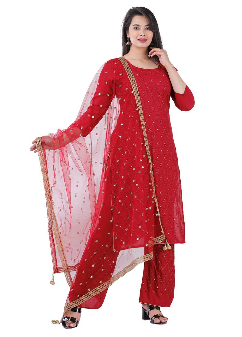 Shri Krishna Fabric Women's Rayon Embellished A-Line Kurti With Palazzo 7 Dupatta Set