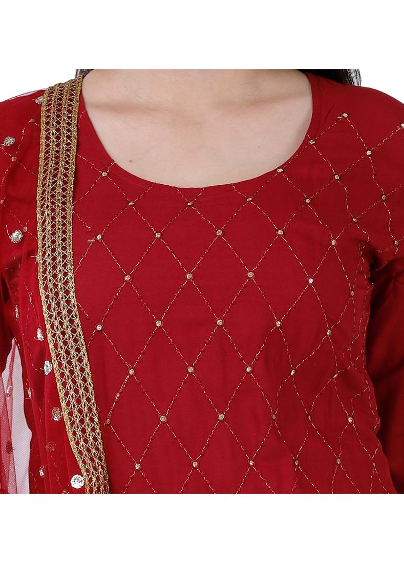 Shri Krishna Fabric Women's Rayon Embellished A-Line Kurti With Palazzo 7 Dupatta Set