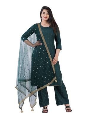 Shri Krishna Fabric Women's Rayon Embellished A-Line Kurti With Palazzo 7 Dupatta Set 1