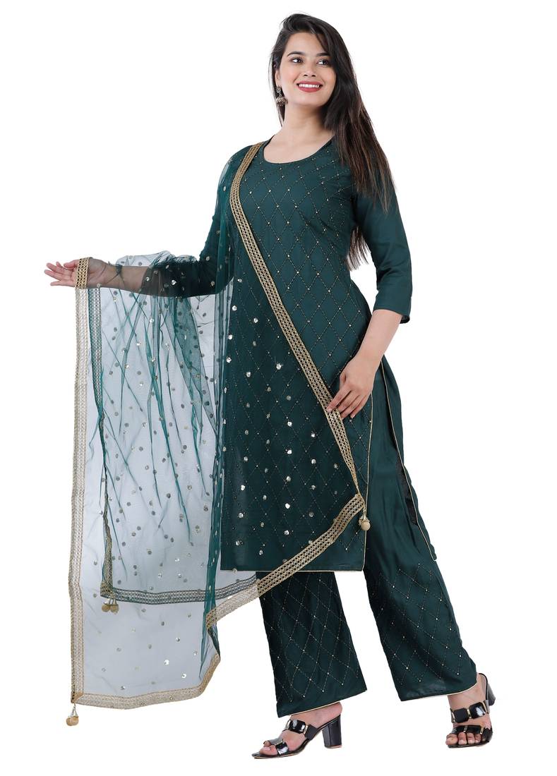 Shri Krishna Fabric Women's Rayon Embellished A-Line Kurti With Palazzo 7 Dupatta Set