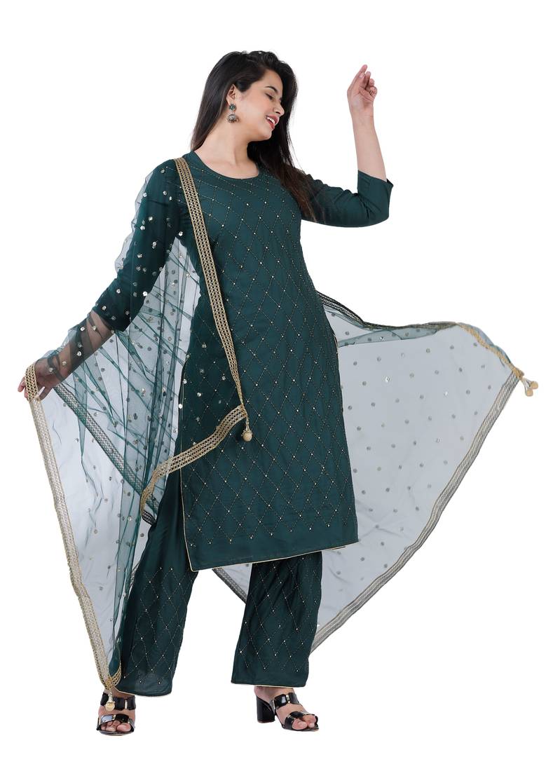 Shri Krishna Fabric Women's Rayon Embellished A-Line Kurti With Palazzo 7 Dupatta Set