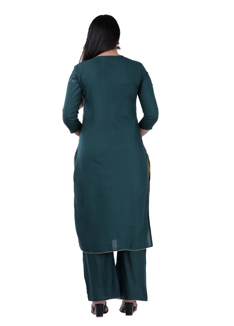 Shri Krishna Fabric Women's Rayon Embellished A-Line Kurti With Palazzo 7 Dupatta Set