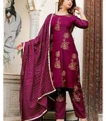 Shri Krishna fabric Jaipuri Gold Printed Kurti With Pant & Dupatta Set