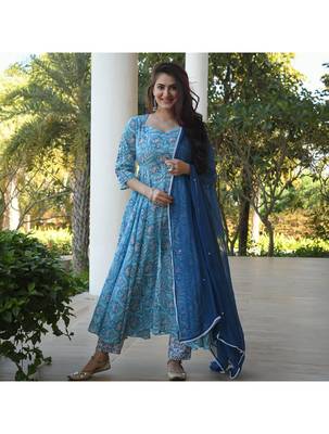 Shri Krishna Fabric Printed Flared Anarkali Kurti With Pant & Dupata Set 1