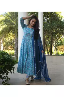 Shri Krishna Fabric Printed Flared Anarkali Kurti With Pant & Dupata Set