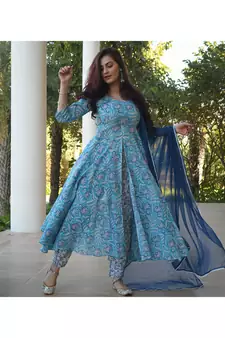 Shri Krishna Fabric Printed Flared Anarkali Kurti With Pant & Dupata Set