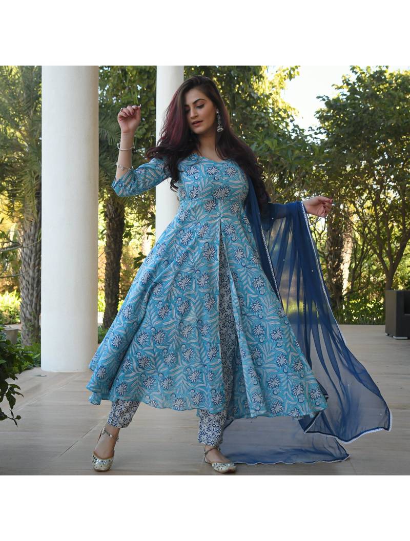 Shri Krishna Fabric Printed Flared Anarkali Kurti With Pant & Dupata Set