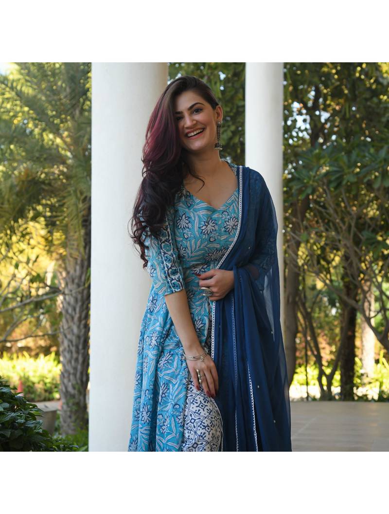 Shri Krishna Fabric Printed Flared Anarkali Kurti With Pant & Dupata Set