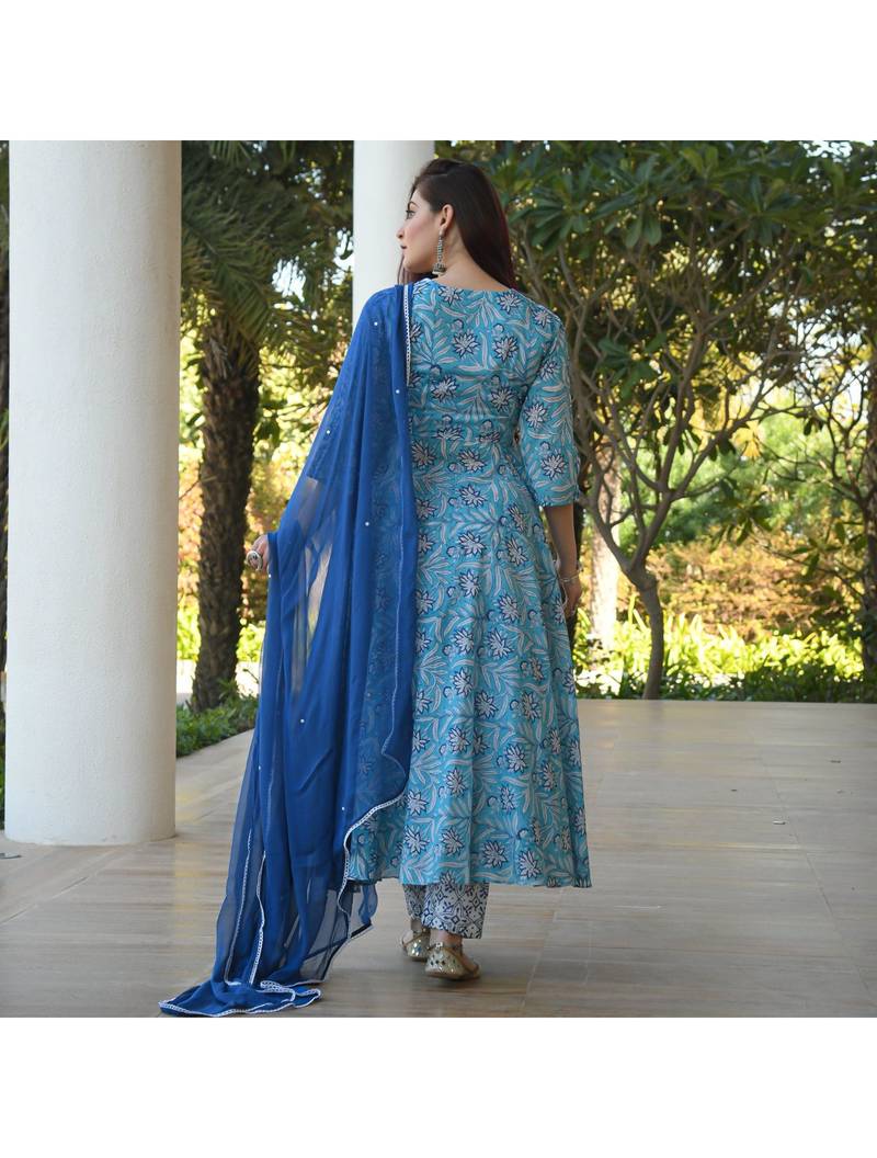 Shri Krishna Fabric Printed Flared Anarkali Kurti With Pant & Dupata Set