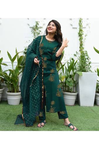 Shri Krishna Fabric Jaipuri Gold Printed A-Line Kurti With Palazzo & Dupatta Set