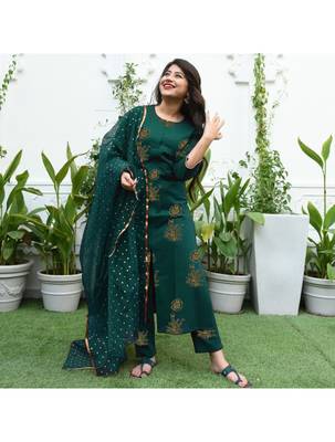 Shri Krishna Fabric Jaipuri Gold Printed A-Line Kurti With Palazzo & Dupatta Set 1