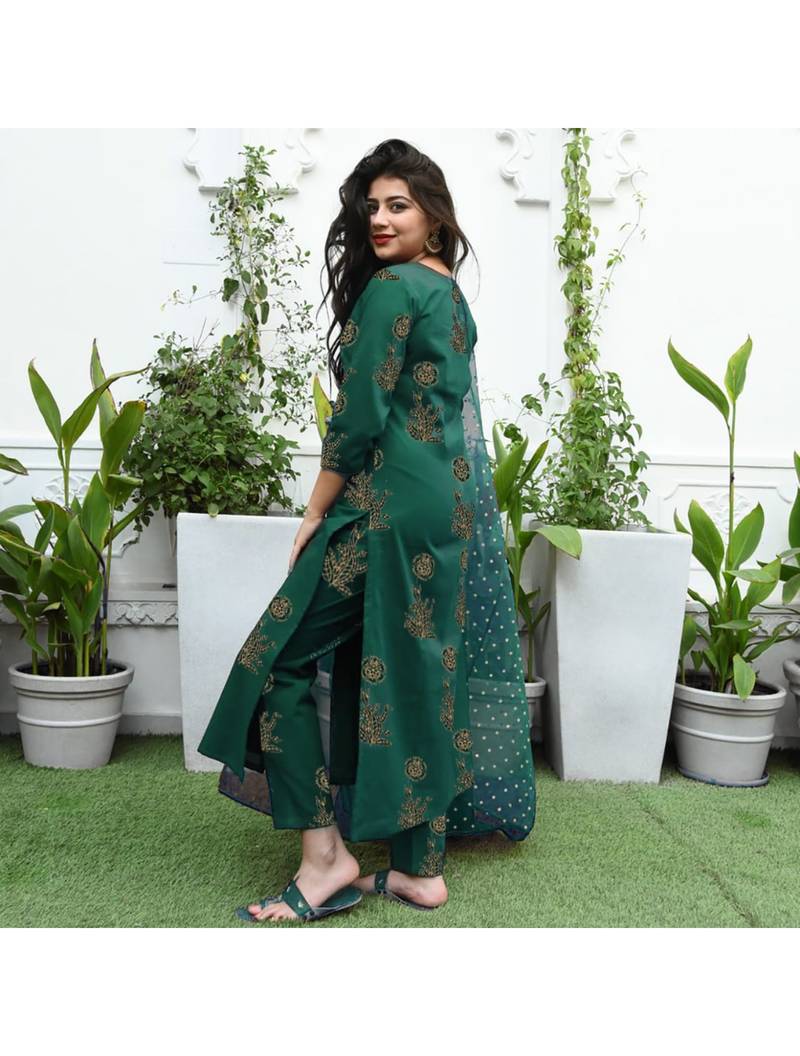 Shri Krishna Fabric Jaipuri Gold Printed A-Line Kurti With Palazzo & Dupatta Set