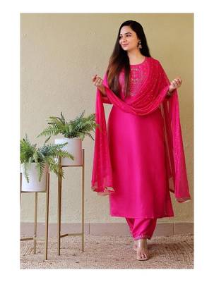 Shri Krishna Fabric Women's Viscos Rayon Embroidered A-Line Kurti With Pant & Dupatta Set 1