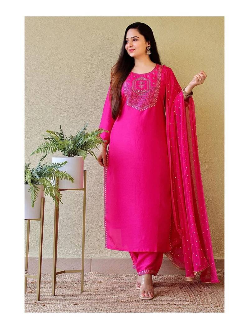 Shri Krishna Fabric Women's Viscos Rayon Embroidered A-Line Kurti With Pant & Dupatta Set