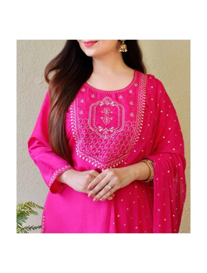 Shri Krishna Fabric Women's Viscos Rayon Embroidered A-Line Kurti With Pant & Dupatta Set