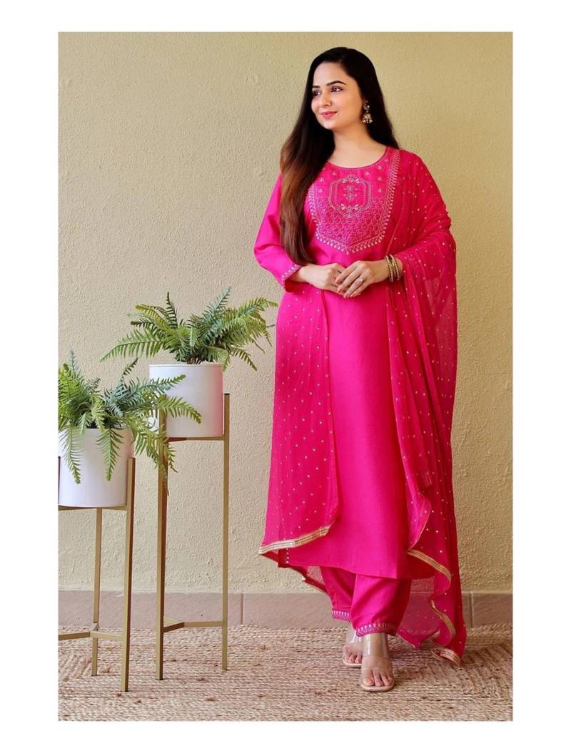 Shri Krishna Fabric Women's Viscos Rayon Embroidered A-Line Kurti With Pant & Dupatta Set