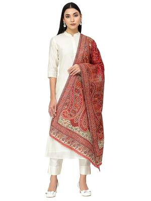 Paisan Red & Off White Double Beam Kaani Paisely Polyester Modal Stole 1