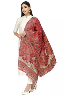 Paisan Red & Off White Double Beam Kaani Paisely Polyester Modal Stole