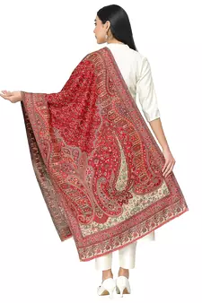 Paisan Red & Off White Double Beam Kaani Paisely Polyester Modal Stole