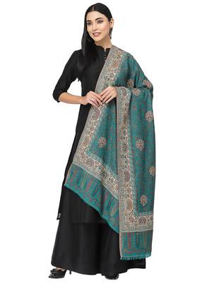 Booti Teal & Multi Double Beam Kaani Floral Polyester Modal Stole 1