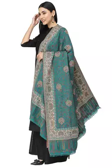 Booti Teal & Multi Double Beam Kaani Floral Polyester Modal Stole