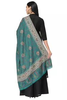 Booti Teal & Multi Double Beam Kaani Floral Polyester Modal Stole