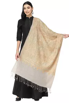 Crewel Taupe & Champagne Embroidered Floral Polywool Stole
