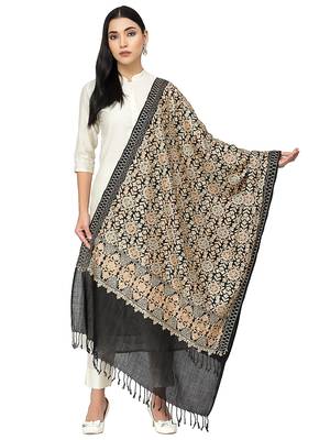 Crewel Black & Gold Embroidered Floral Polywool Stole 1