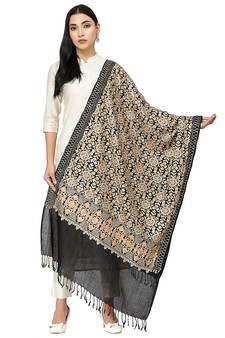 Crewel Black & Gold Embroidered Floral Polywool Stole