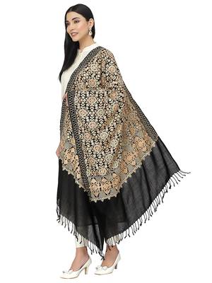 Crewel Black & Gold Embroidered Floral Polywool Stole 2