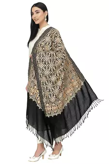 Crewel Black & Gold Embroidered Floral Polywool Stole