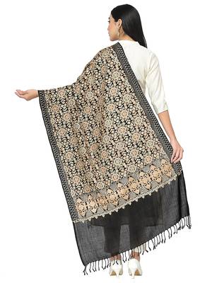 Crewel Black & Gold Embroidered Floral Polywool Stole 3