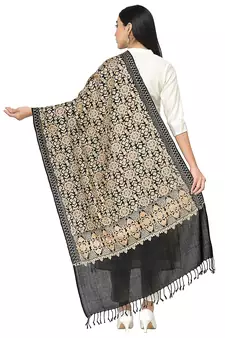 Crewel Black & Gold Embroidered Floral Polywool Stole