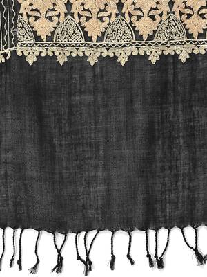 Crewel Black & Gold Embroidered Floral Polywool Stole 4