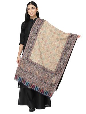 Paisan Beige & Navy Double Beam Kaani Paisely Polyester Modal Stole 1