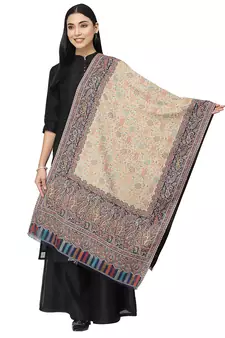 Paisan Beige & Navy Double Beam Kaani Paisely Polyester Modal Stole