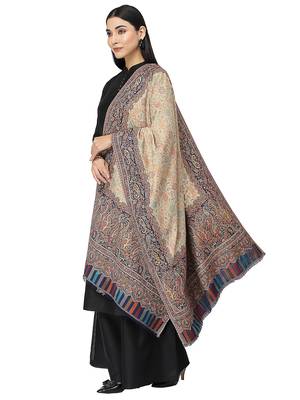 Paisan Beige & Navy Double Beam Kaani Paisely Polyester Modal Stole 2