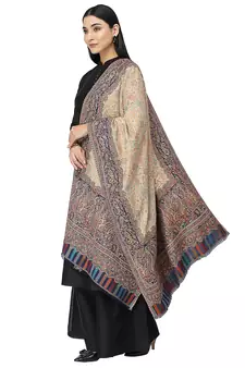 Paisan Beige & Navy Double Beam Kaani Paisely Polyester Modal Stole