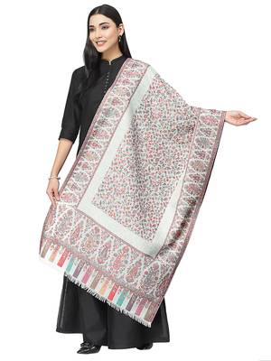 Lush White & Multi Paisely Self Design Polywool Stole 1