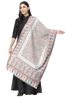 Lush White & Multi Paisely Self Design Polywool Stole