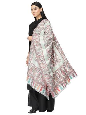 Lush White & Multi Paisely Self Design Polywool Stole 2