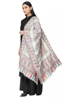Lush White & Multi Paisely Self Design Polywool Stole