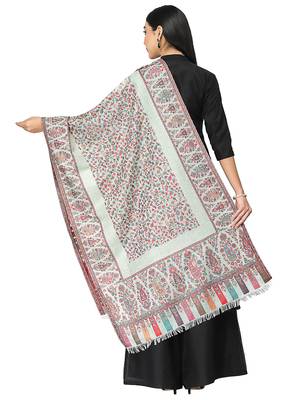 Lush White & Multi Paisely Self Design Polywool Stole 3