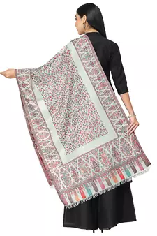 Lush White & Multi Paisely Self Design Polywool Stole