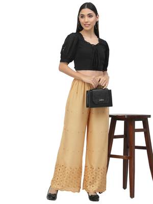 Beige Cotton Lycra Solid Chicken Palazzos 1